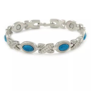 Close-up of turquoise stones on silver magnetic bracelet
