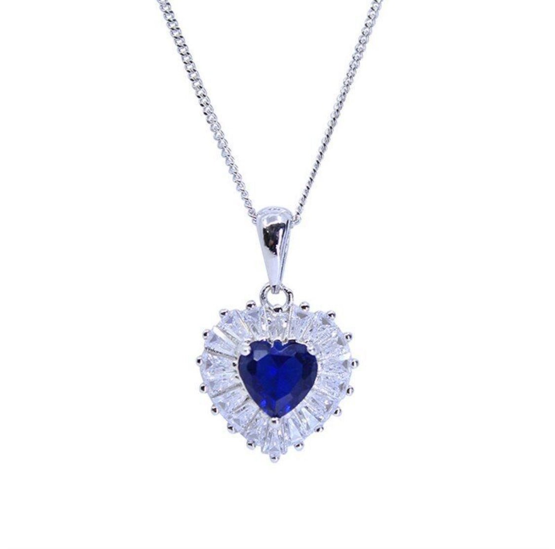 sapphire-cz-heart Sapphire & Clear CZ Heart Pendant full view in sterling silver