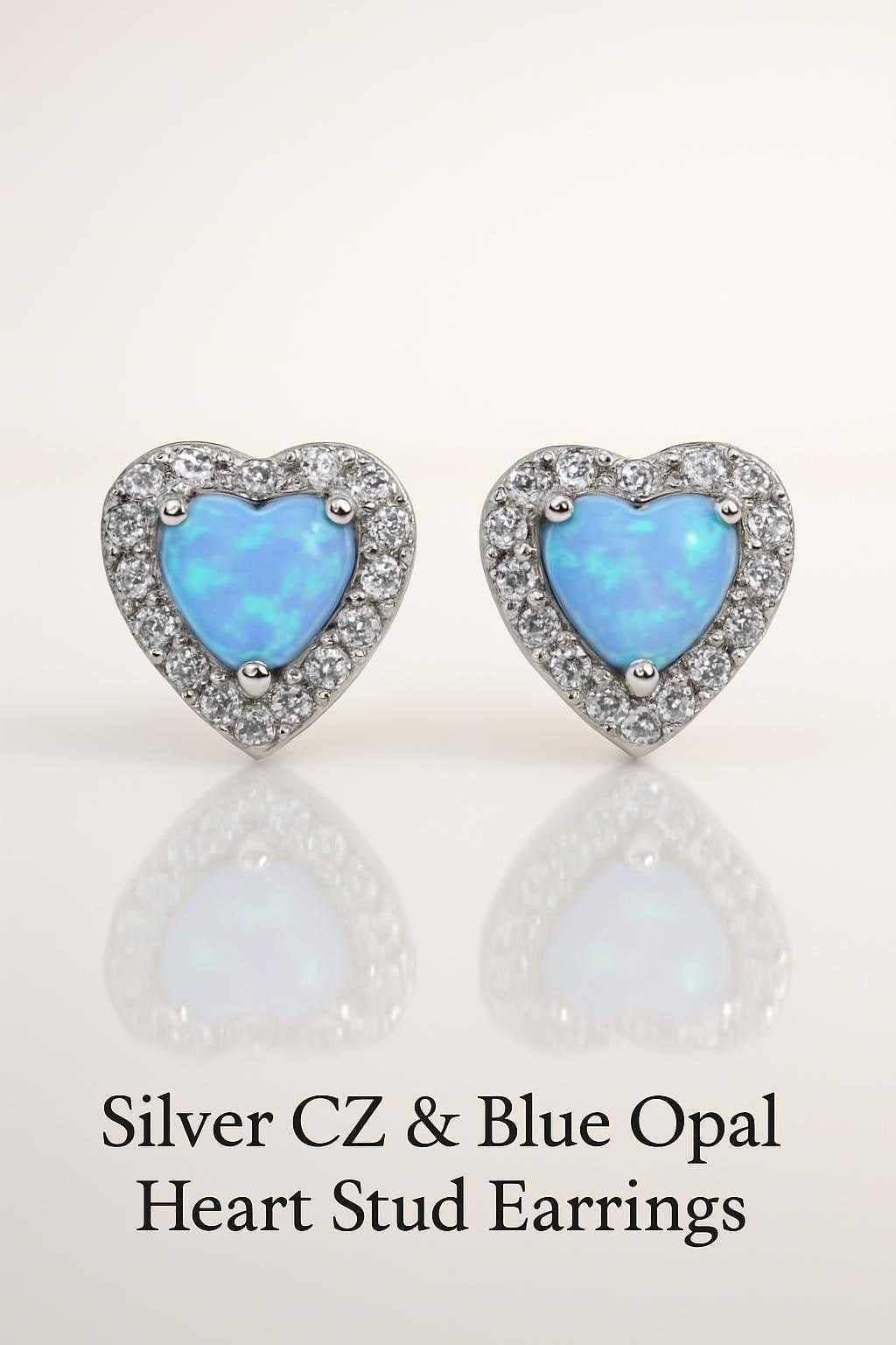 Silver CZ & Blue Opal Heart Stud Earrings in gift box