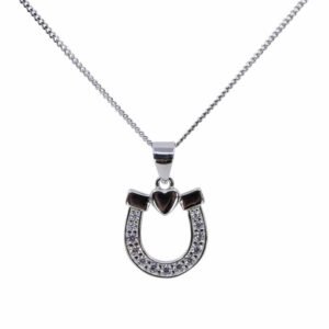 Front view of Silver CZ Lucky Horse Shoe & Heart Pendant by RAFYQ