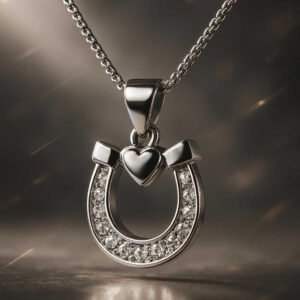 Side view of Silver CZ Lucky Horse Shoe & Heart Pendant showing cubic zirconia details