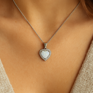 Sterling Silver Heart Pendant with Clear CZ & White Opal full view