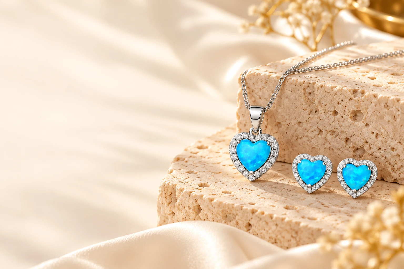 Blue opal heart pendant and matching stud earrings