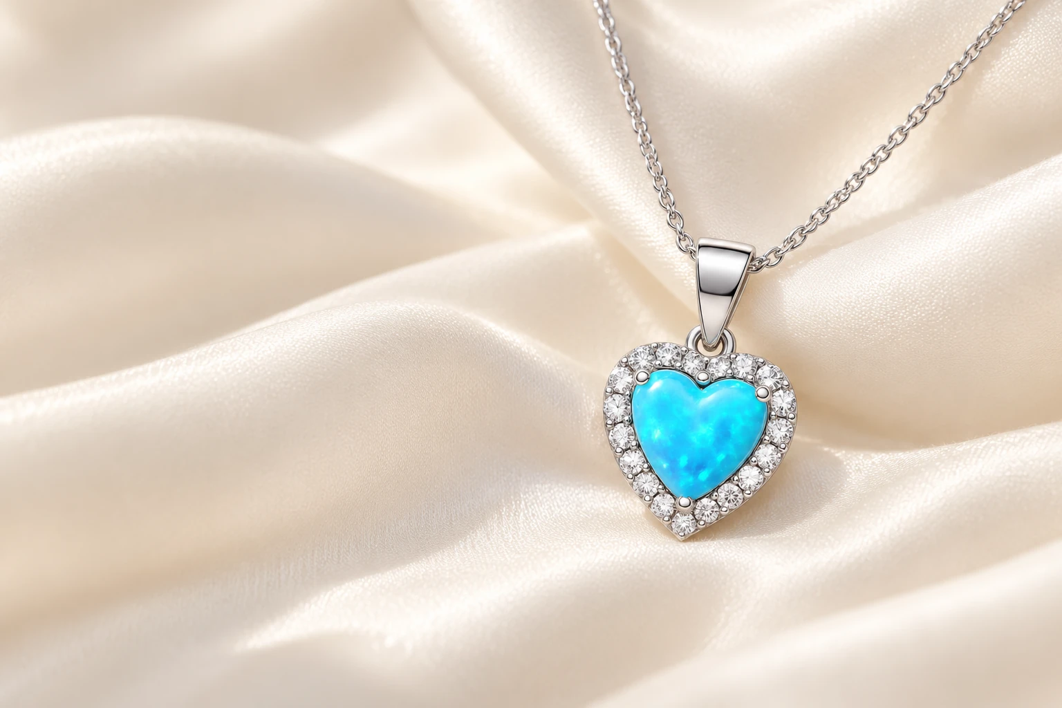 Blue opal heart pendant on ivory silk